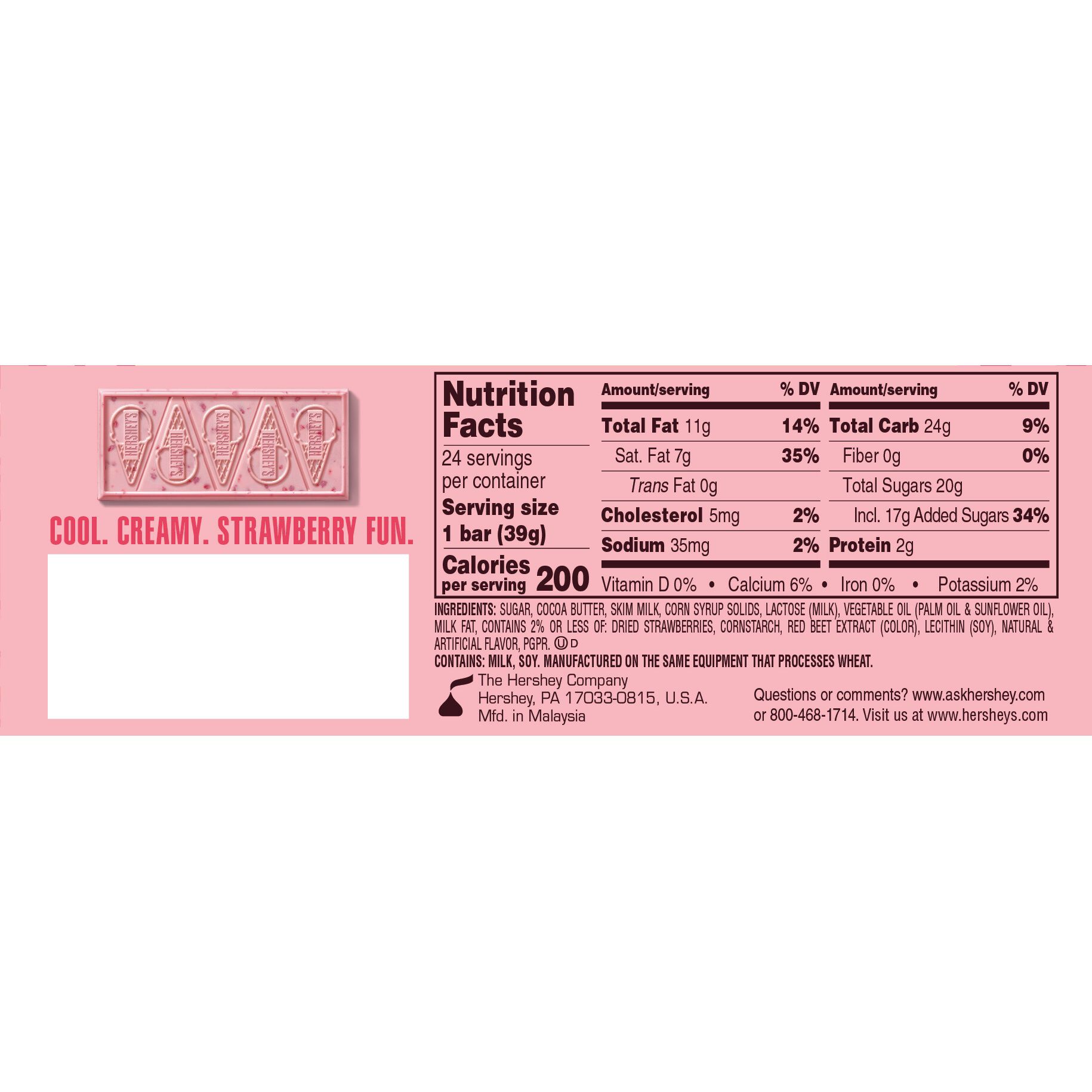 HERSHEY’S Strawberries ‘N’ Creme Ice Cream Flavored Standard Size Candy Bar, 1.38oz (24 Count) - THE HERSHEY COMPANY